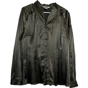 NYGard Collection Silky Button Down Shirt Pleated Long Sleeve Collared Brown 16